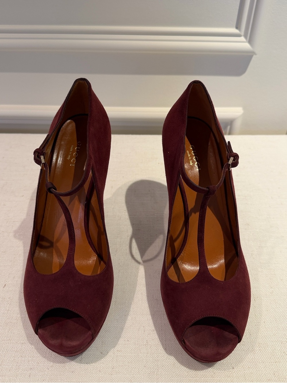 Gucci Women's Burgundy Suede T-Strap Peep-Toe Pumps